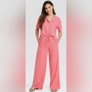 A New Day Linen Short Sleeve Button-Down Boxy Camp Shirt Women's Large Pink